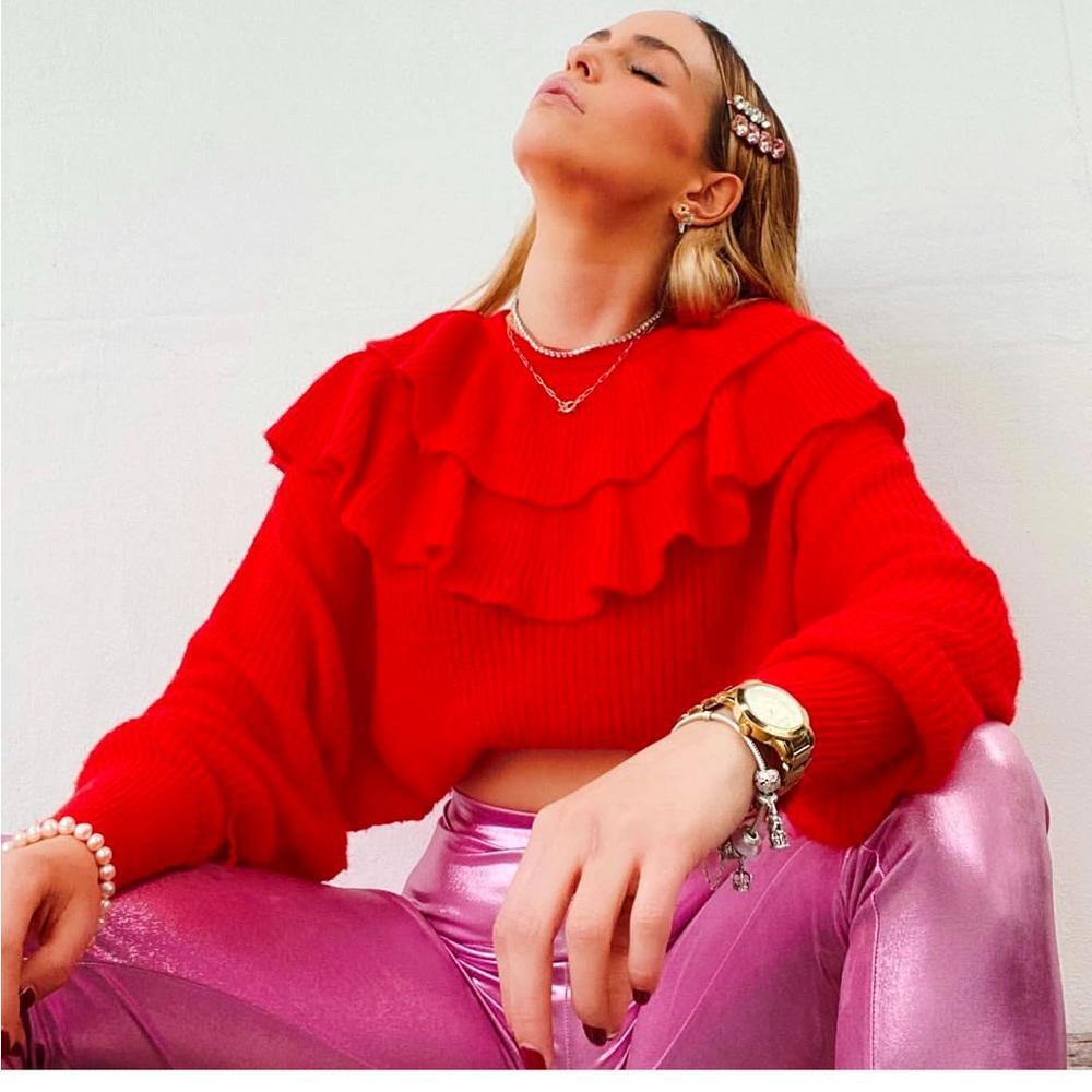 Zara Ruffle Collar Loose Knit Sweater - Tomato Red - Small